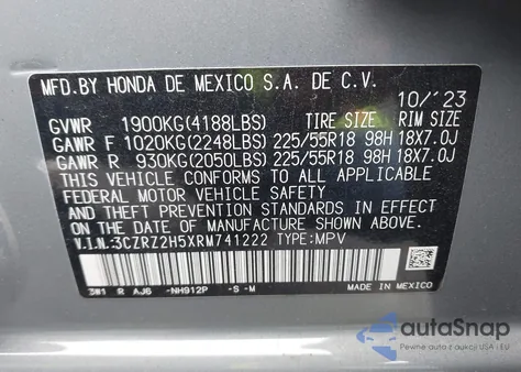 2024 Honda Hr-V Awd Sport/Awd Sport W/O Bsi from USA, damaged, VIN 3CZRZ2H5XRM741222